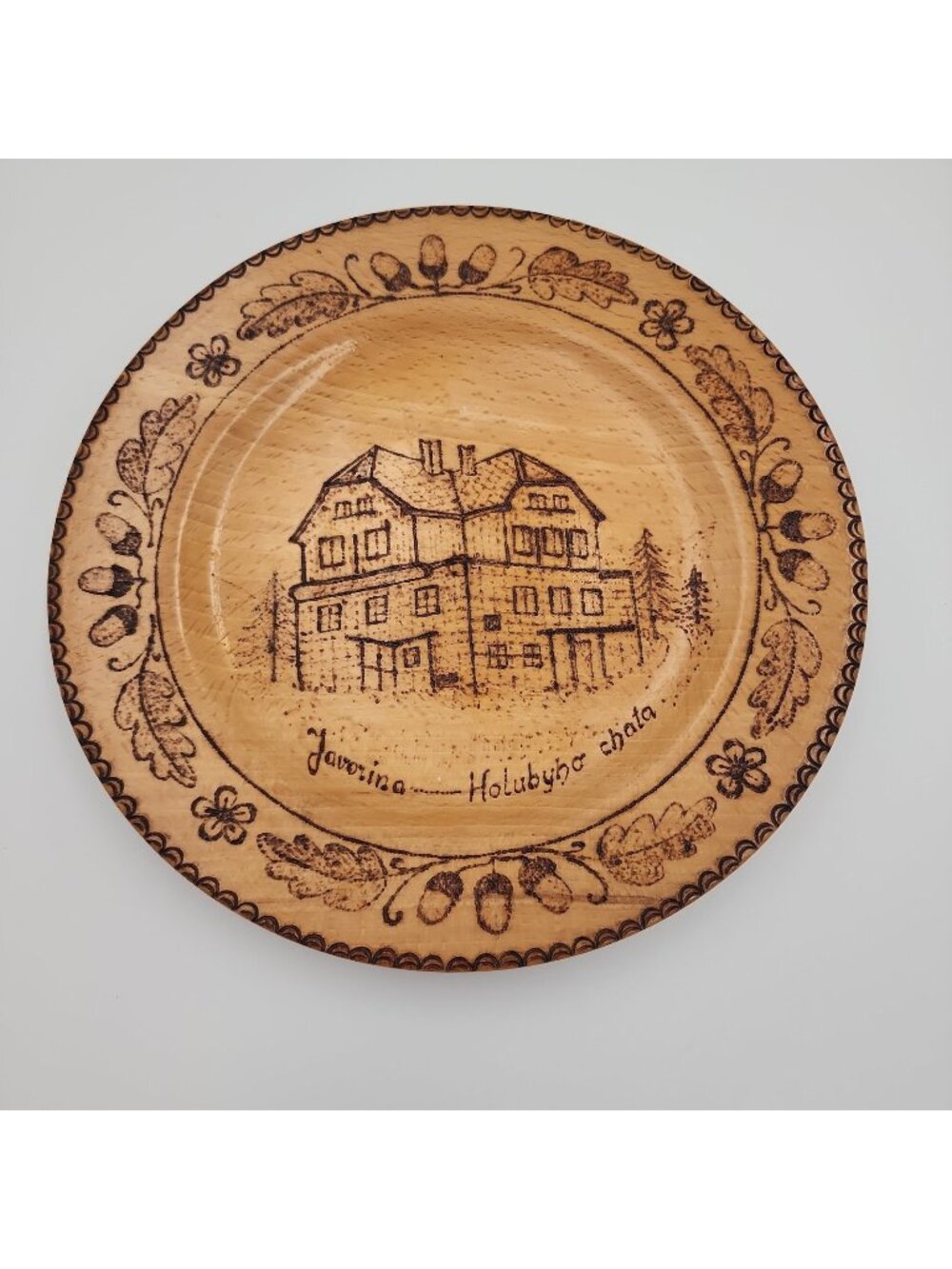 Folk Art Souvenir Wooden Plate Javorina White Carpathions 8.5" Vintage